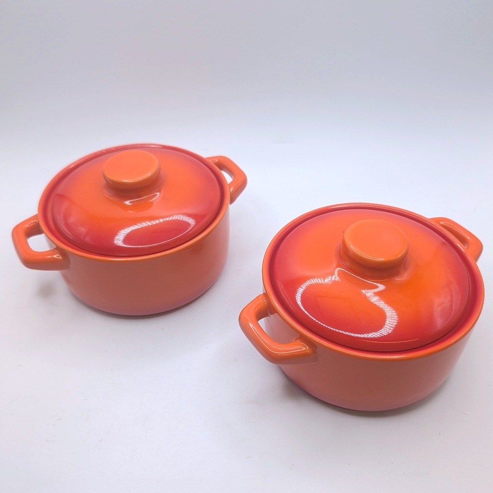 Set 2 Kiln by FOH Mini Cocotte Casserole Dishes Orange Ombre Flame Stoneware 4in
